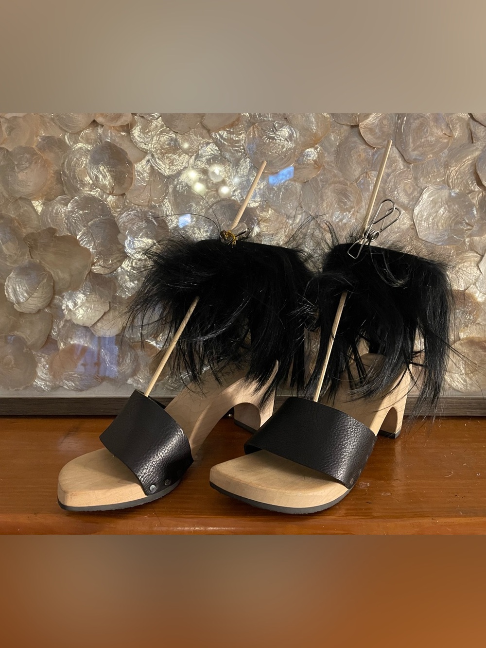 Trippen Wooden Mule Sandals, Fur Trim, Back Zipper, Made in Germany, Nice!
